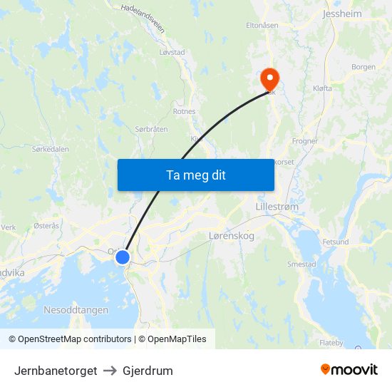 Jernbanetorget to Gjerdrum map