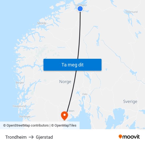 Trondheim to Gjerstad map