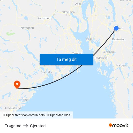 Trøgstad to Gjerstad map