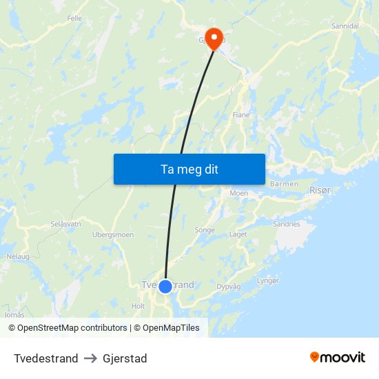 Tvedestrand to Gjerstad map