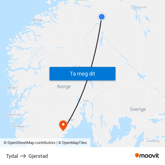 Tydal to Gjerstad map