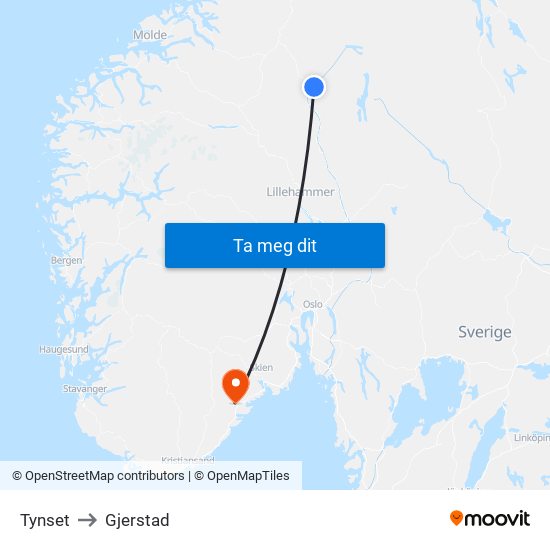 Tynset to Gjerstad map