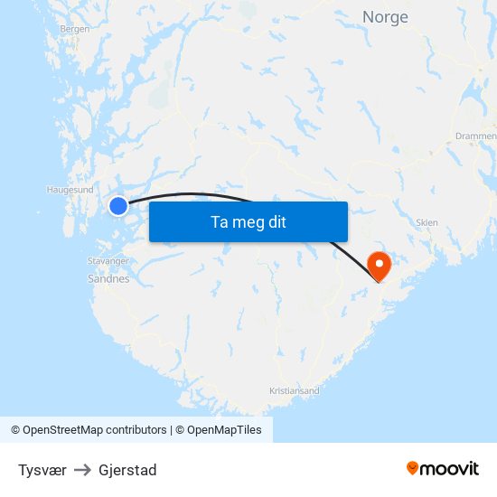 Tysvær to Gjerstad map