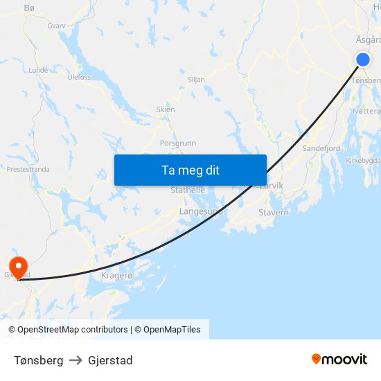 Tønsberg to Gjerstad map