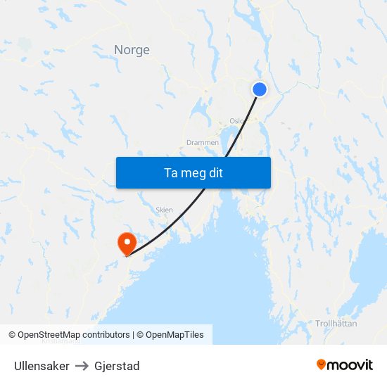 Ullensaker to Gjerstad map