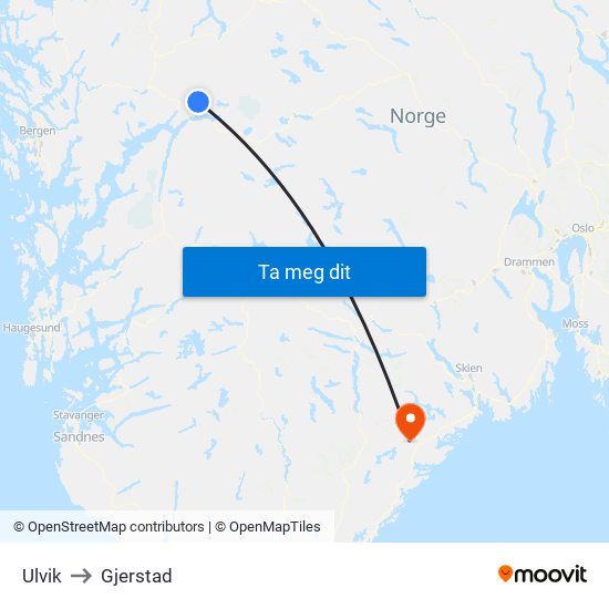 Ulvik to Gjerstad map