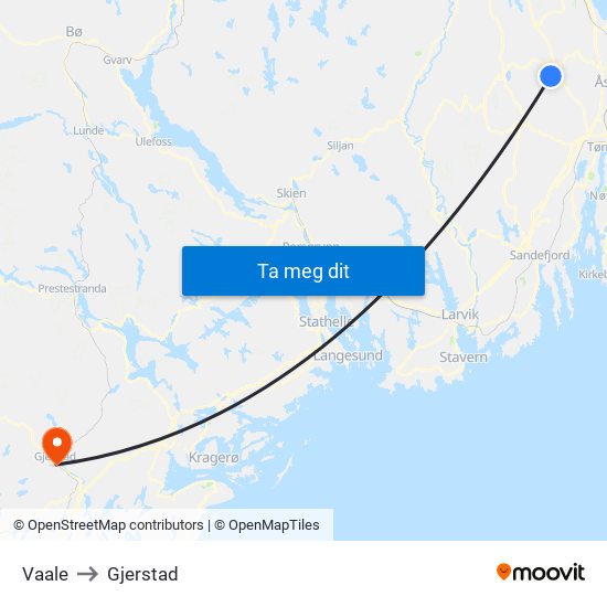 Vaale to Gjerstad map