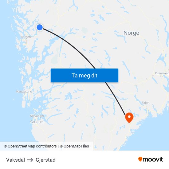 Vaksdal to Gjerstad map
