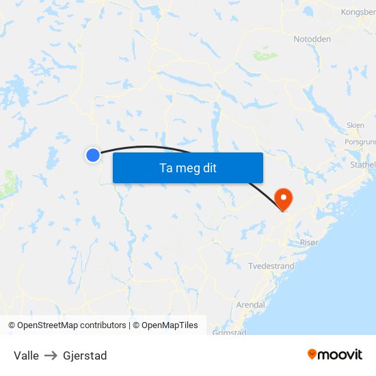 Valle to Gjerstad map