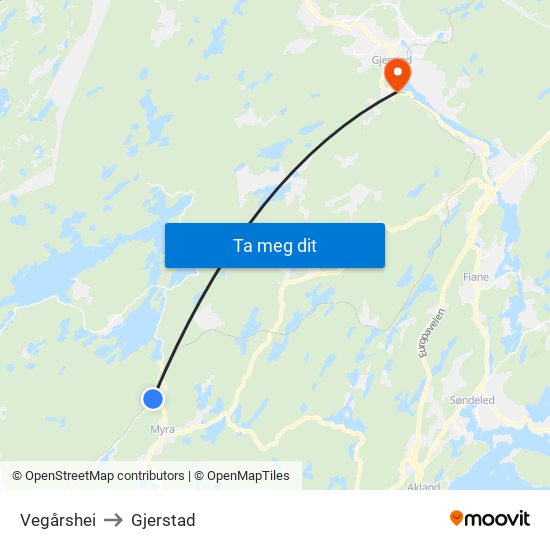 Vegårshei to Gjerstad map