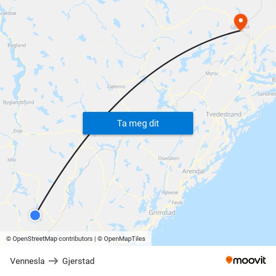 Vennesla to Gjerstad map