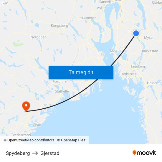 Spydeberg to Gjerstad map