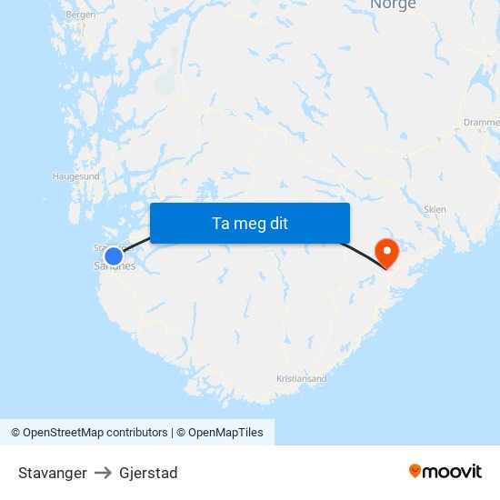 Stavanger to Gjerstad map