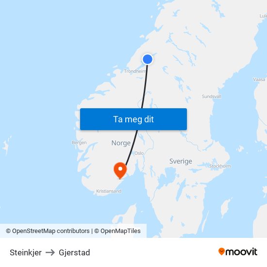 Steinkjer to Gjerstad map