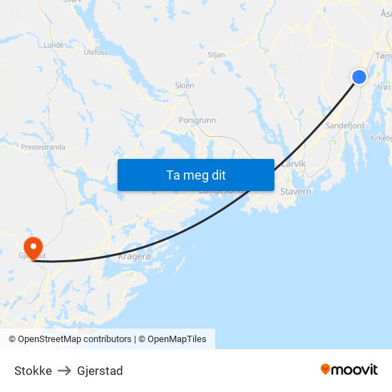 Stokke to Gjerstad map