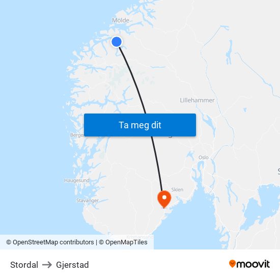 Stordal to Gjerstad map