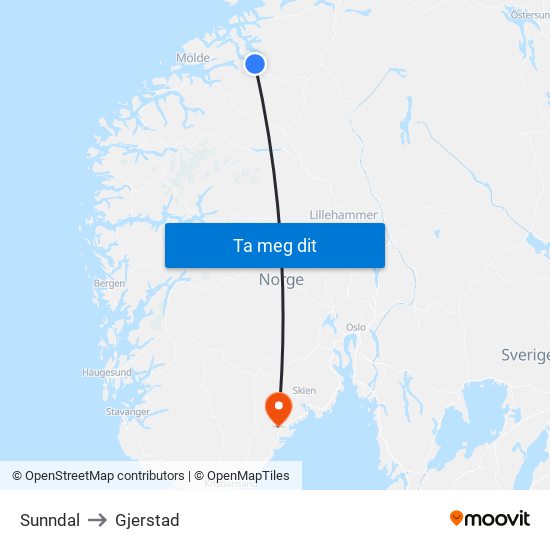 Sunndal to Gjerstad map