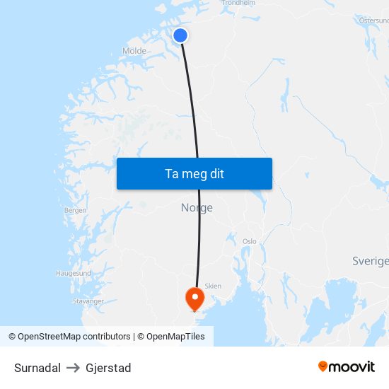 Surnadal to Gjerstad map
