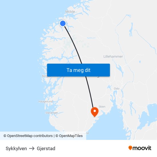 Sykkylven to Gjerstad map