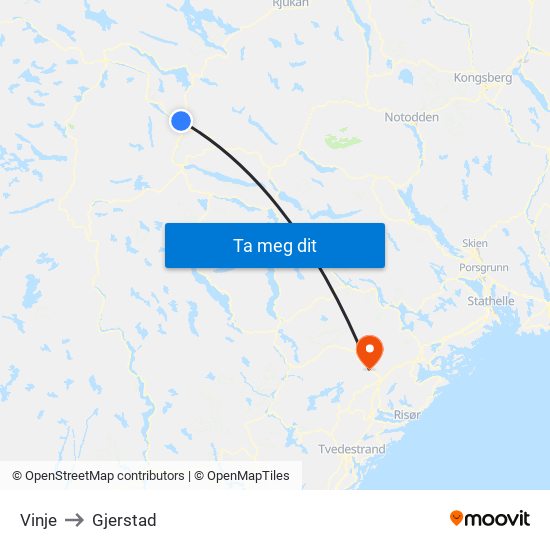 Vinje to Gjerstad map