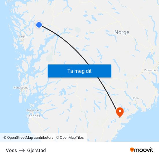 Voss to Gjerstad map