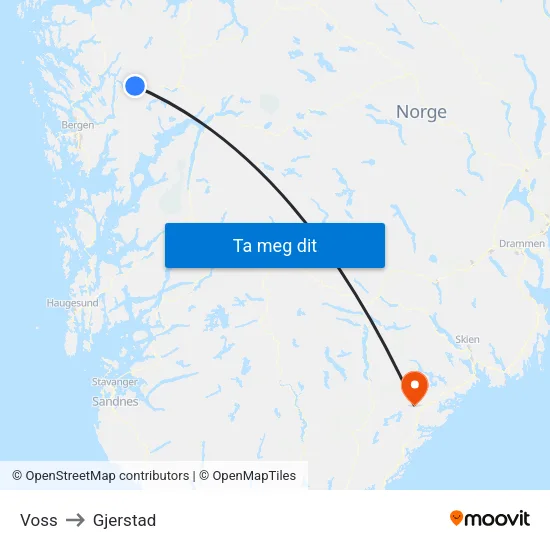 Voss to Gjerstad map