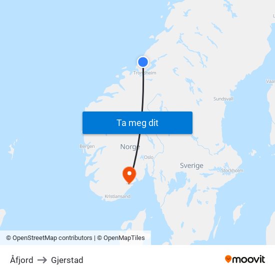 Åfjord to Gjerstad map