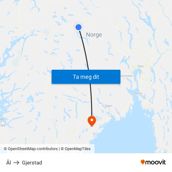 Ål to Gjerstad map