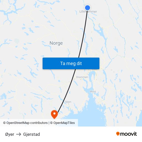 Øyer to Gjerstad map