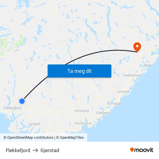 Flekkefjord to Gjerstad map