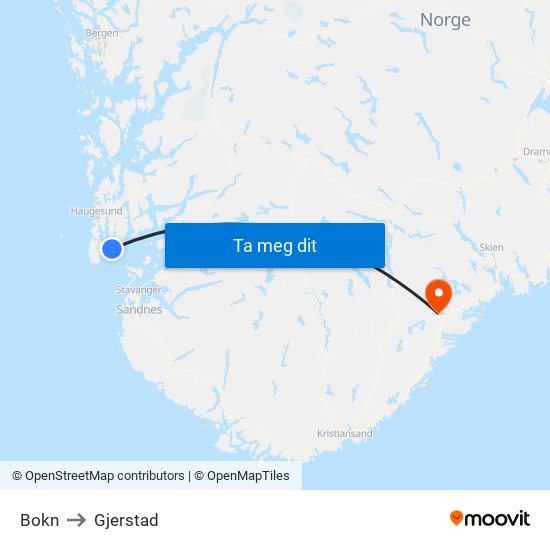 Bokn to Gjerstad map