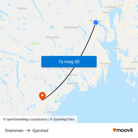 Drammen to Gjerstad map