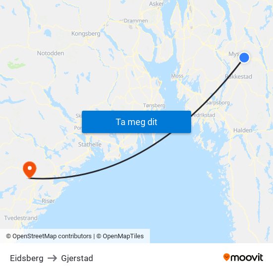 Eidsberg to Gjerstad map