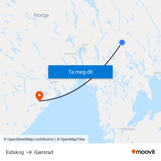 Eidskog to Gjerstad map