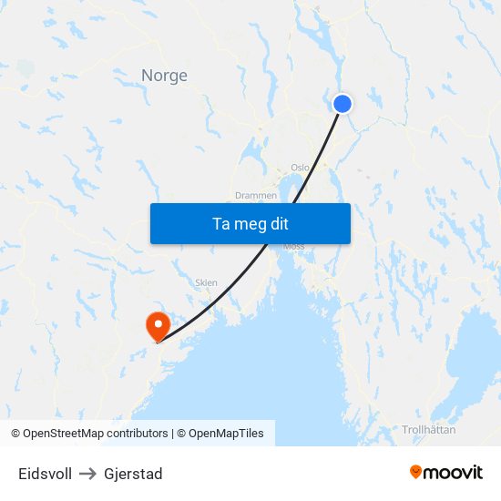 Eidsvoll to Gjerstad map