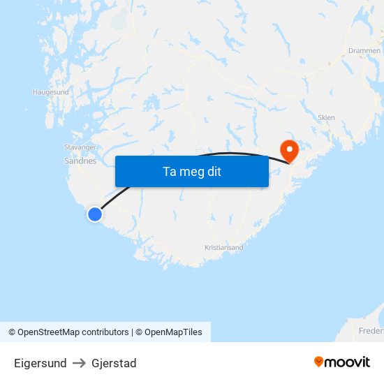 Eigersund to Gjerstad map