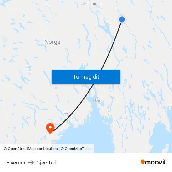 Elverum to Gjerstad map