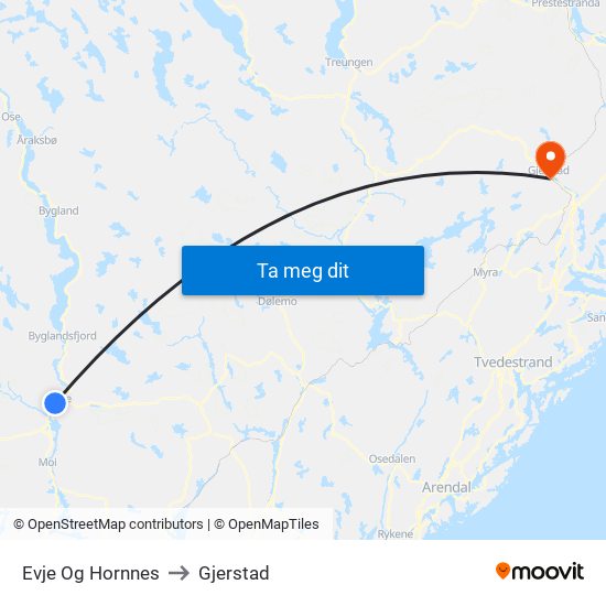 Evje Og Hornnes to Gjerstad map