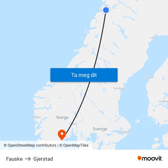 Fauske to Gjerstad map