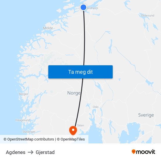 Agdenes to Gjerstad map