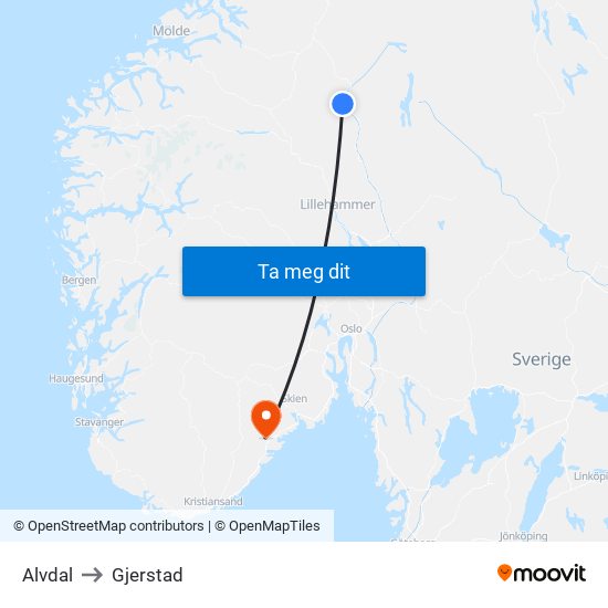 Alvdal to Gjerstad map