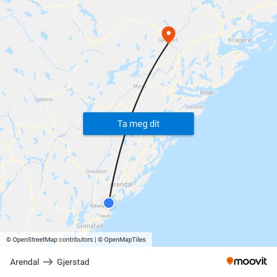 Arendal to Gjerstad map