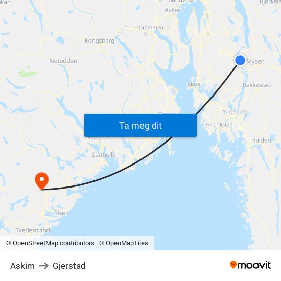 Askim to Gjerstad map