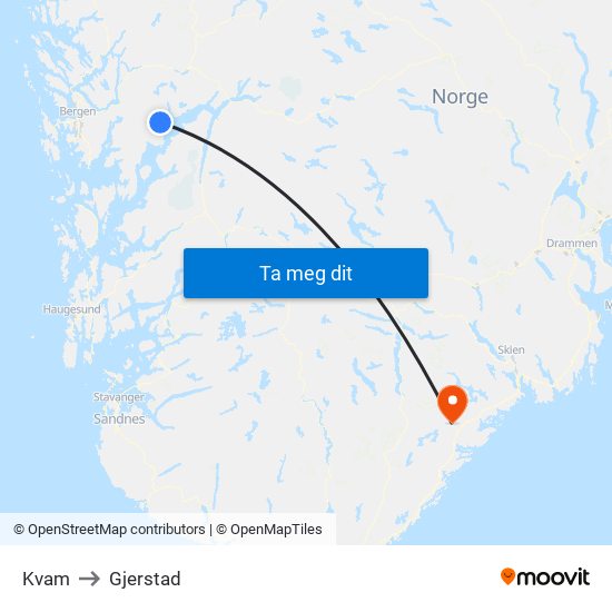 Kvam to Gjerstad map