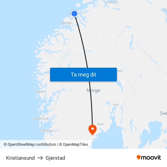 Kristiansund to Gjerstad map