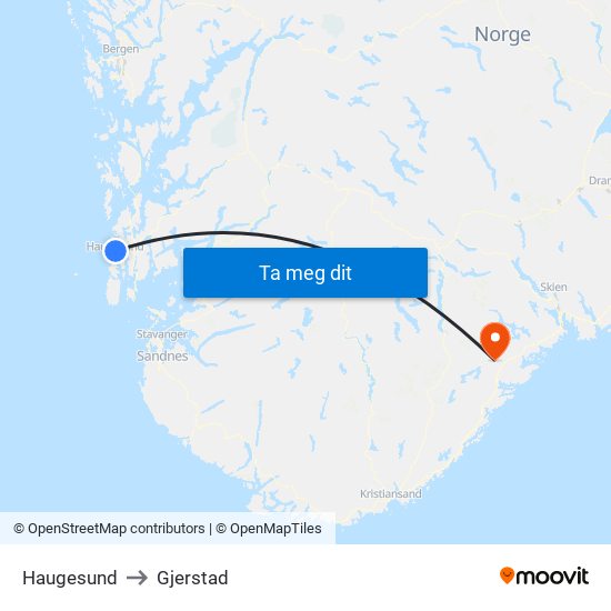 Haugesund to Gjerstad map