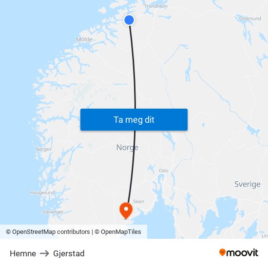 Hemne to Gjerstad map