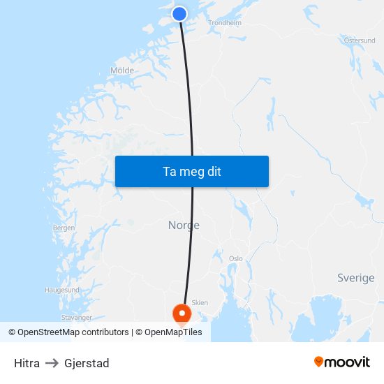 Hitra to Gjerstad map