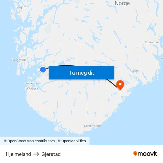 Hjelmeland to Gjerstad map