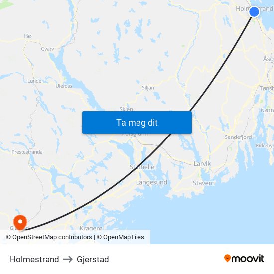 Holmestrand to Gjerstad map